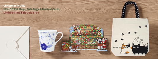 🎄 Christmas in July Sale – 10% Off Cat Mugs, Tote Bags & Musical Cards!