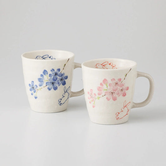 Mino Ware Sakura Rabbit Mug Pair Gift Set - Japanese Handmade Ceramic Cups | Made in Japan