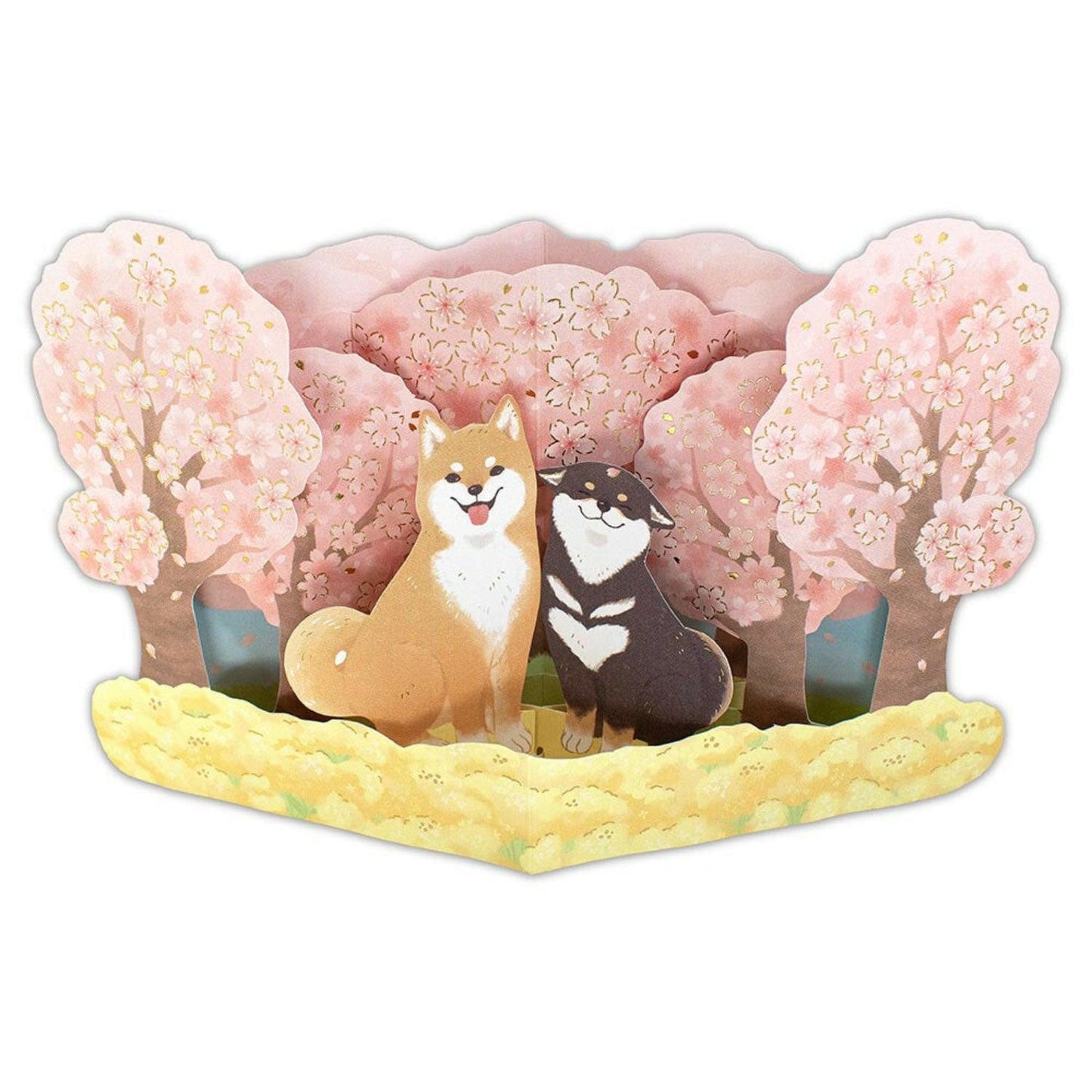 Shiba dogs sitting under cherry blossom trees with gold foil accents, 3D pop-up design
