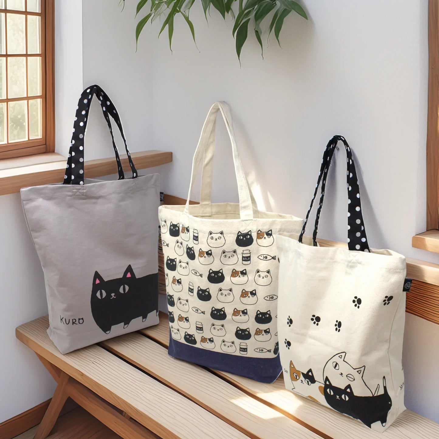 Set of 3 canvas tote bags from the 3 Cat Brothers series featuring Kuro, cat face illustrations, and all three black cats together – cute and stylish gifts for cat lovers, inspired by Japanese Nyan-ya design