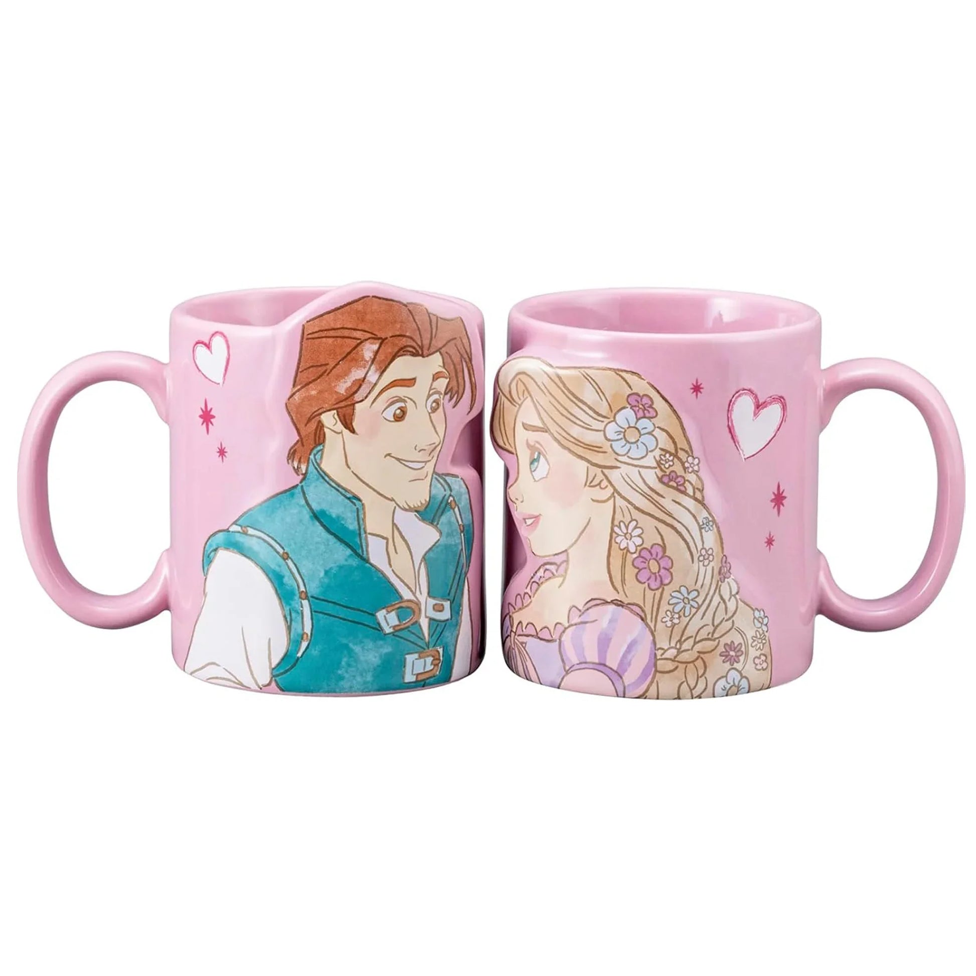 Disney Rapunzel porcelain couple mug set in pastel tones – side-by-side design creates tower scene, gift-ready in original Disney box.