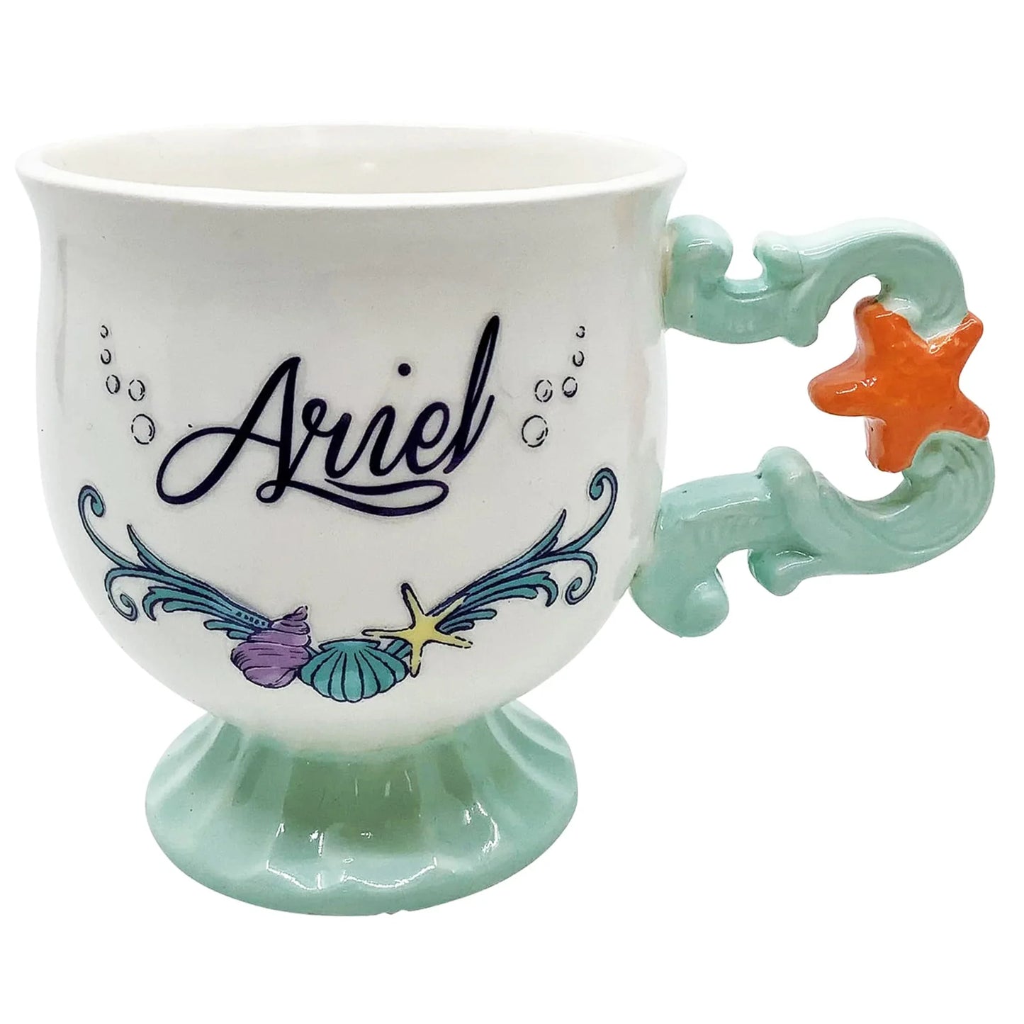 Ariel The Little Mermaid porcelain mug with colorful artwork and Disney gift box. Styled on white background with front and back views.