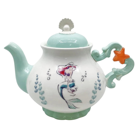 Disney Ariel Teapot front view – The Little Mermaid porcelain teapot featuring Ariel with flowing red hair, surrounded by sea motifs and ocean colors, collectible gift for Disney Princess fans