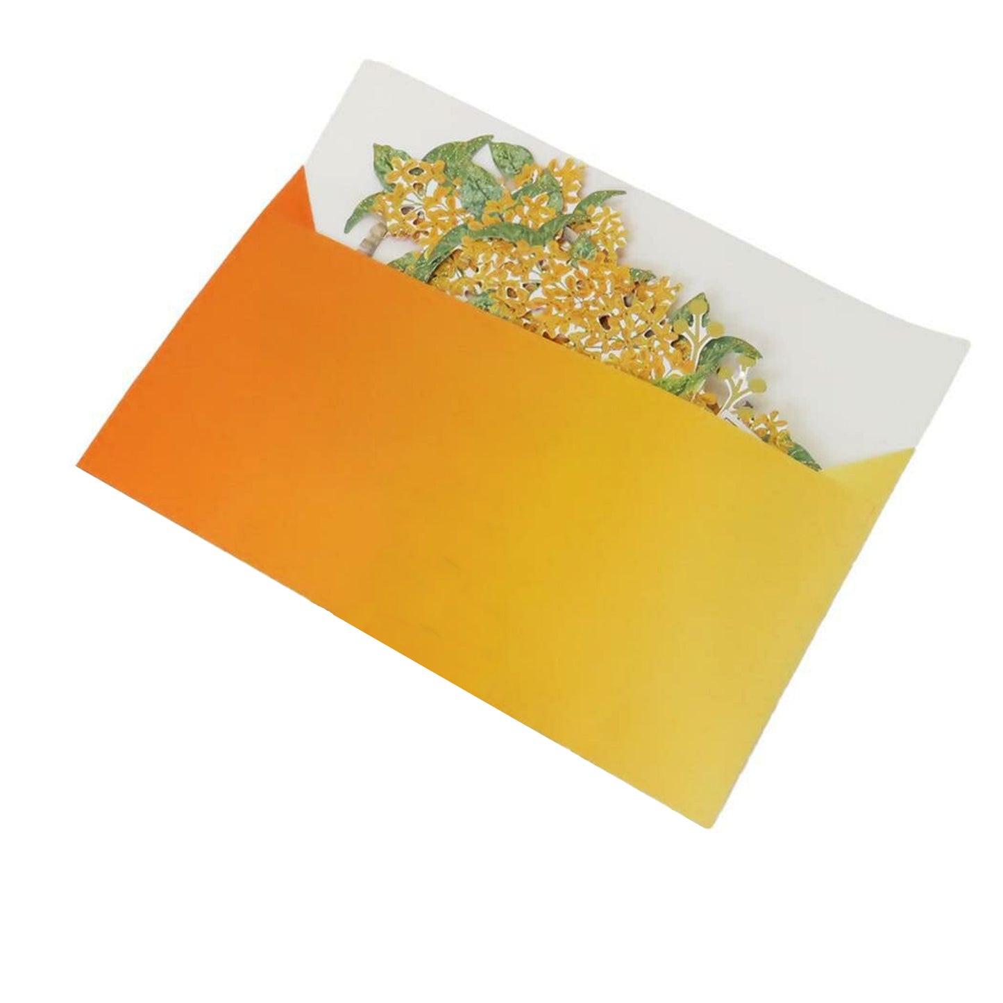 a yellow card with an orange envelope featuring floral design on a white background