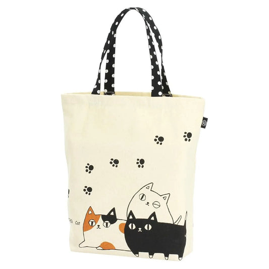 3 Cat Brothers canvas tote bag featuring SHIRO, KURO, and Mike printed on beige cotton with black polka dot handles