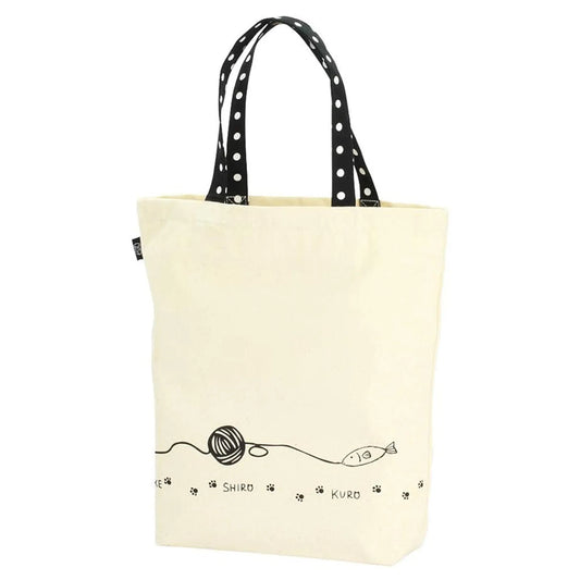 Back of canvas tote bag showing playful fish and yarn design from Nyan-ya series