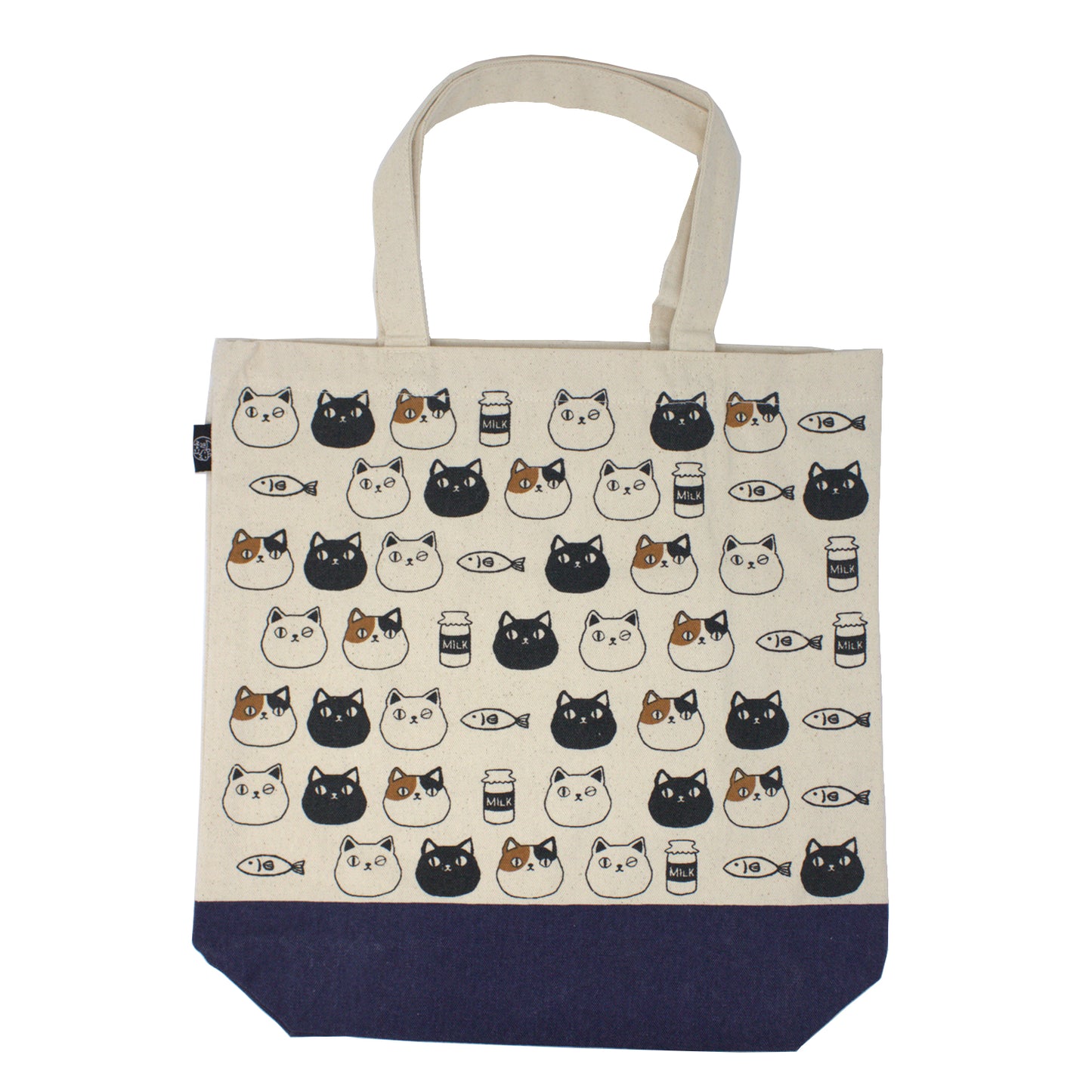Canvas tote bag with cute cat faces of Shiro, Kuro, and Mike from the Nyan-ya series, featuring black polka dot handles and inner pocket – perfect for cat lovers.