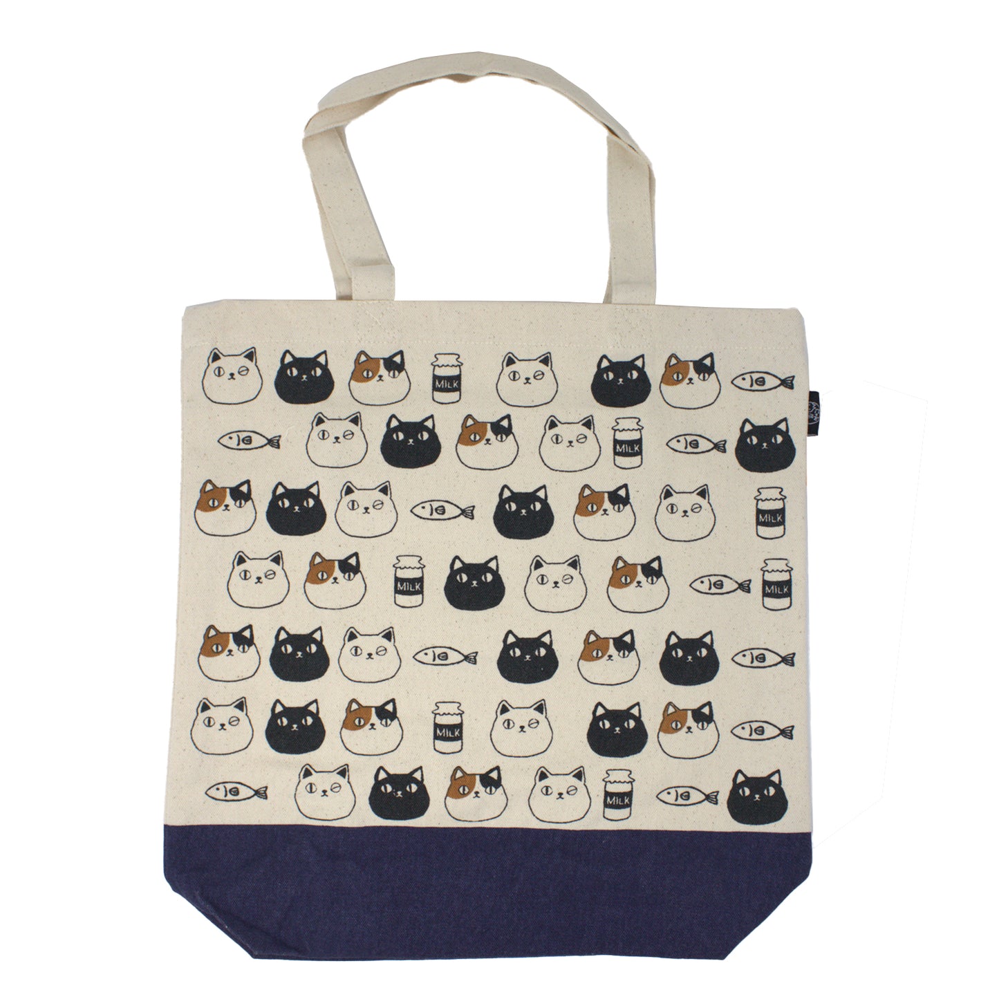 Canvas tote bag with cute cat faces of Shiro, Kuro, and Mike from the Nyan-ya series, featuring black polka dot handles and inner pocket – perfect for cat lovers.