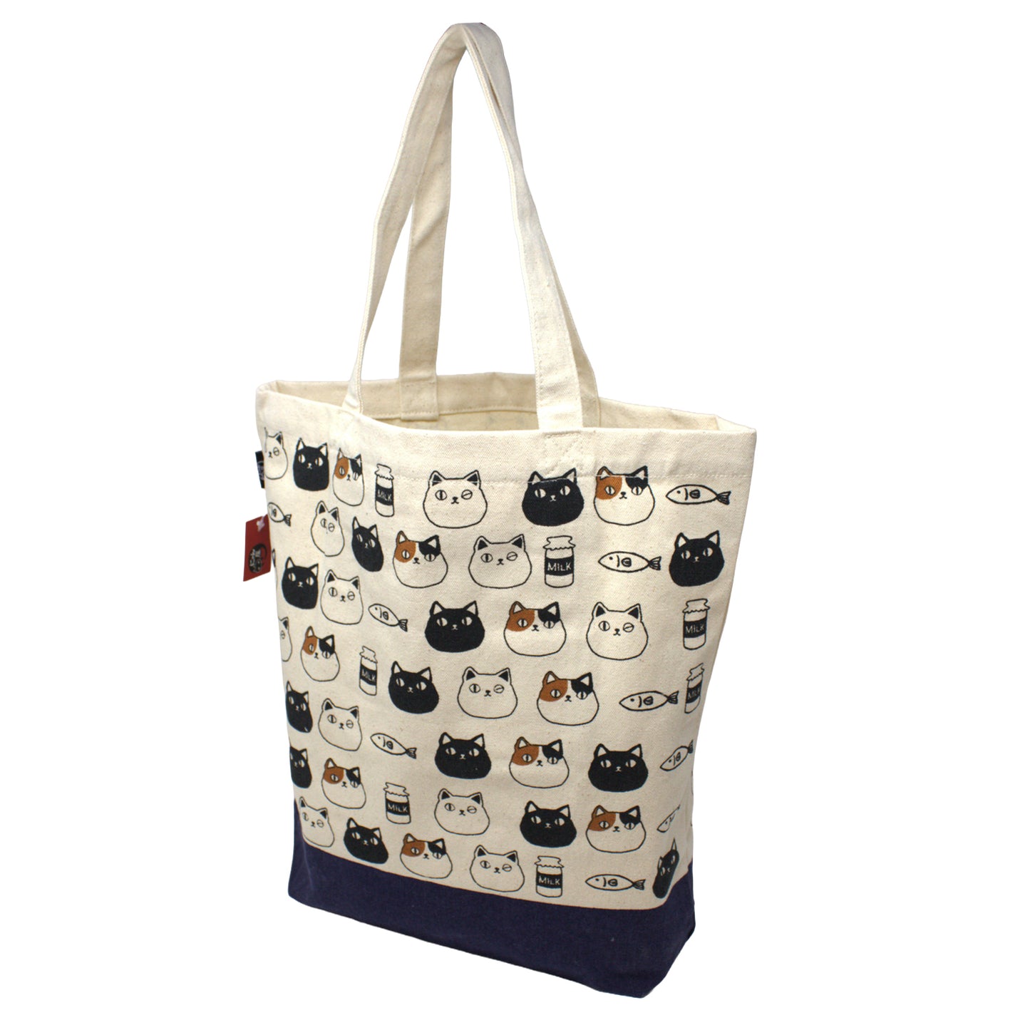Canvas tote bag with cute cat faces of Shiro, Kuro, and Mike from the Nyan-ya series, featuring black polka dot handles and inner pocket – perfect for cat lovers.
