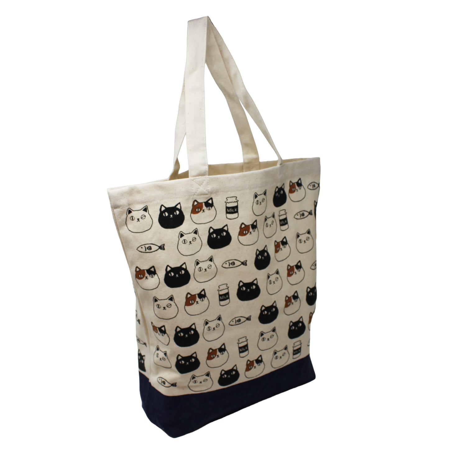 Canvas tote bag with cute cat faces of Shiro, Kuro, and Mike from the Nyan-ya series, featuring black polka dot handles and inner pocket – perfect for cat lovers.
