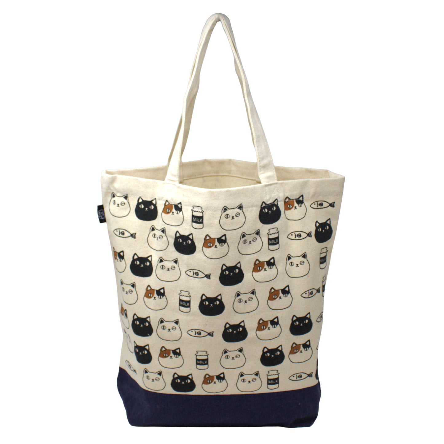 Canvas tote bag with cute cat faces of Shiro, Kuro, and Mike from the Nyan-ya series, featuring black polka dot handles and inner pocket – perfect for cat lovers.