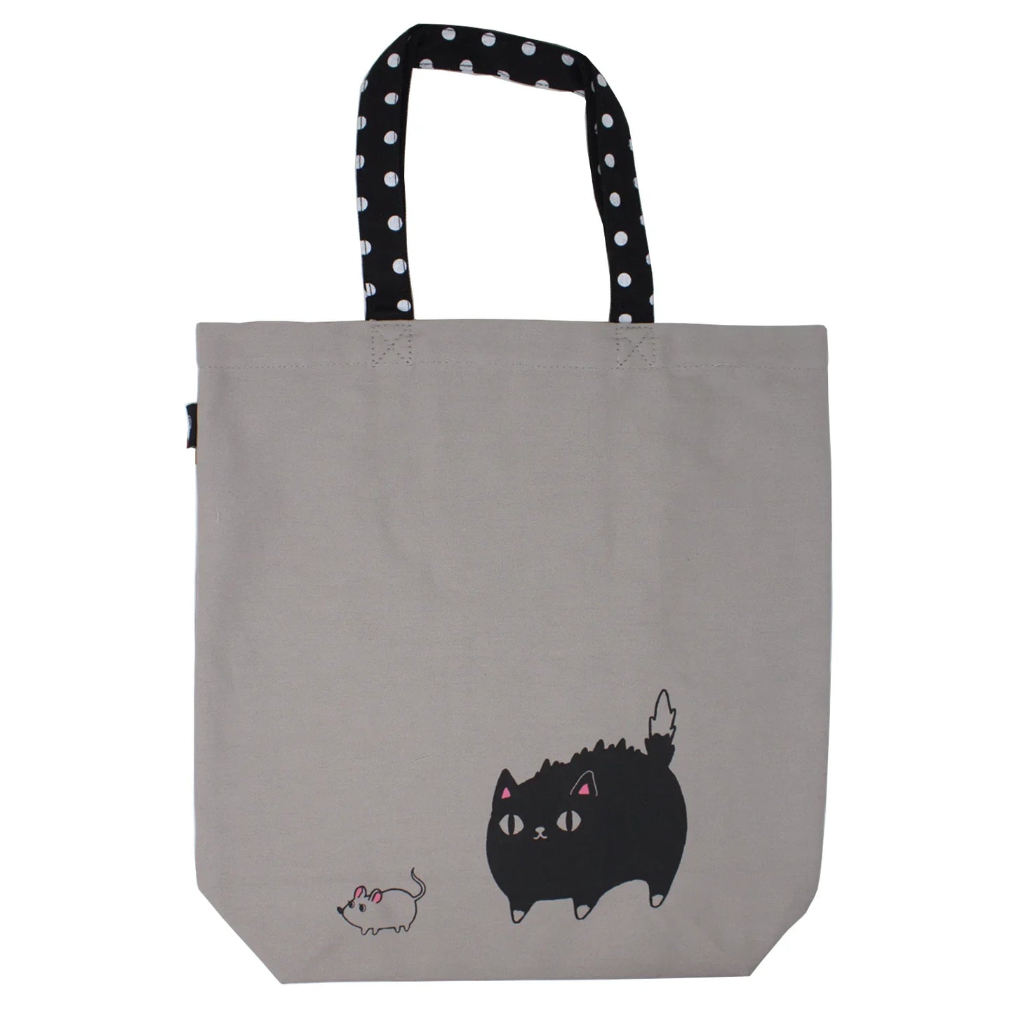 Back of tote bag featuring playful illustration of black cat and mouse – whimsical Japanese design on beige cotton canvas
