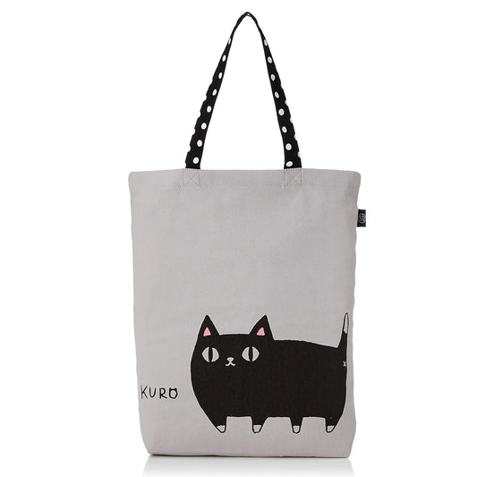 3 Cat Brothers black cat canvas tote bag from Nyan-ya series with KURO the black cat printed on beige cotton, black polka dot handle, and inner pocket – kawaii gift for cat lovers
