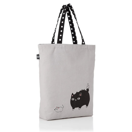 3 Cat Brothers black cat canvas tote bag from Nyan-ya series with KURO the black cat printed on beige cotton, black polka dot handle, and inner pocket – kawaii gift for cat lovers