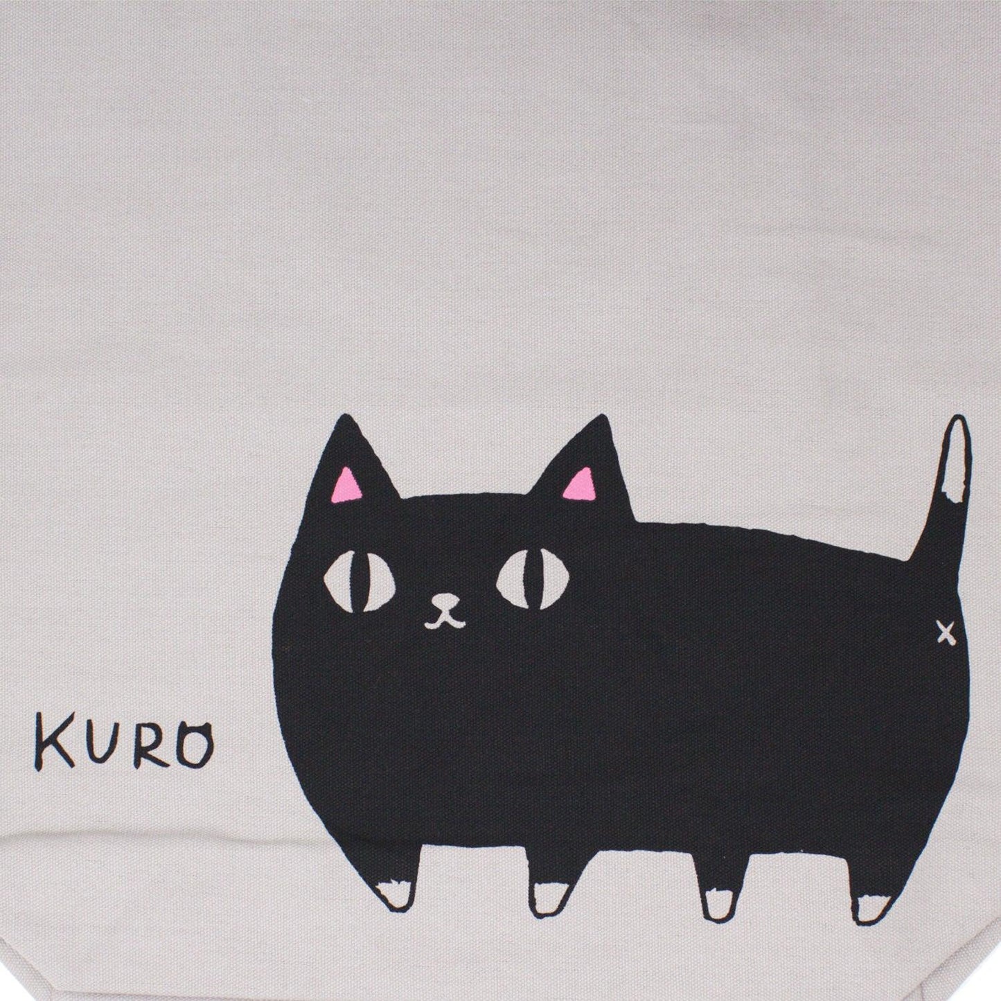 3 Cat Brothers black cat canvas tote bag from Nyan-ya series with KURO the black cat printed on beige cotton, black polka dot handle, and inner pocket – kawaii gift for cat lovers