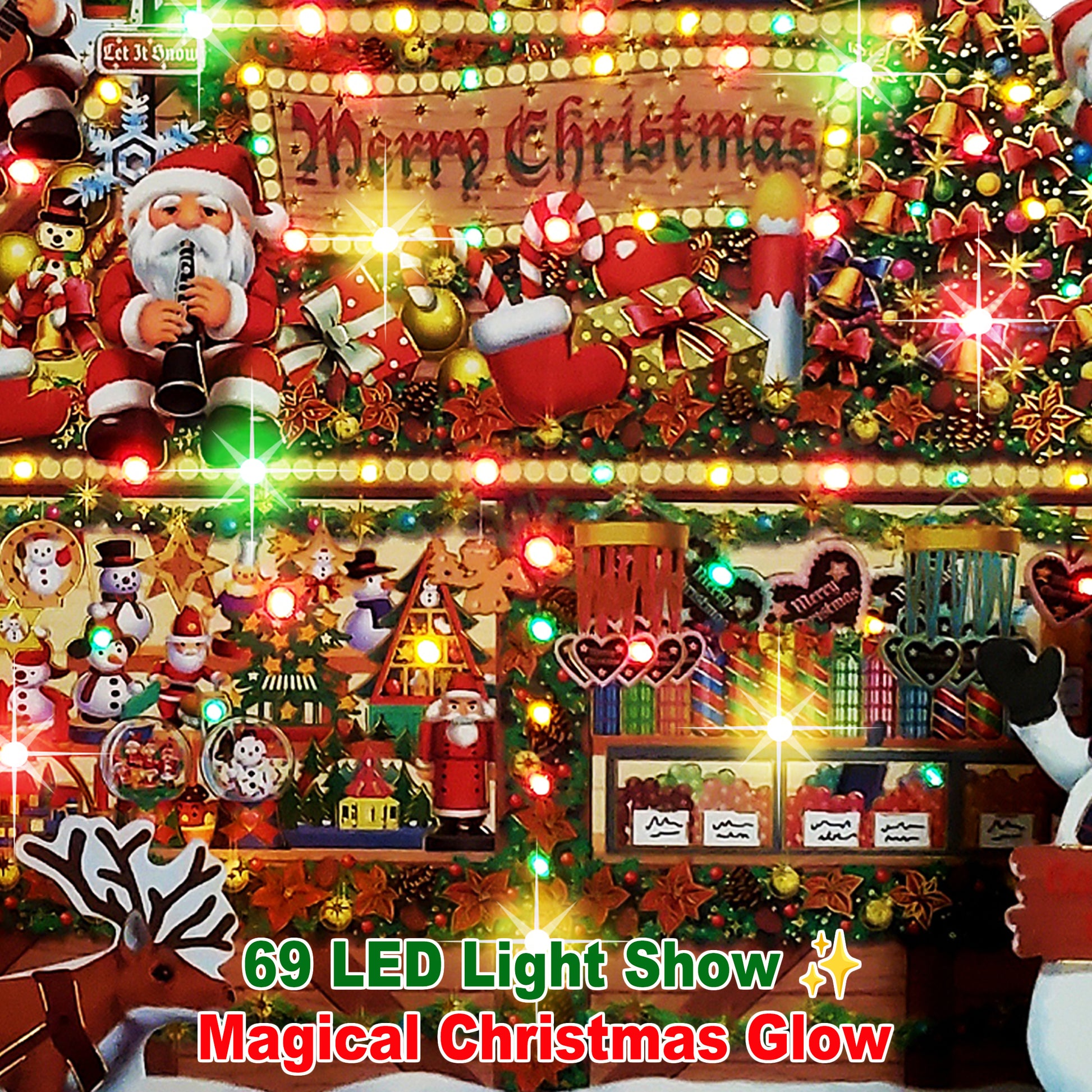 Decorative Christmas lights and musical card with Santa Claus, reindeer, and festive lights.