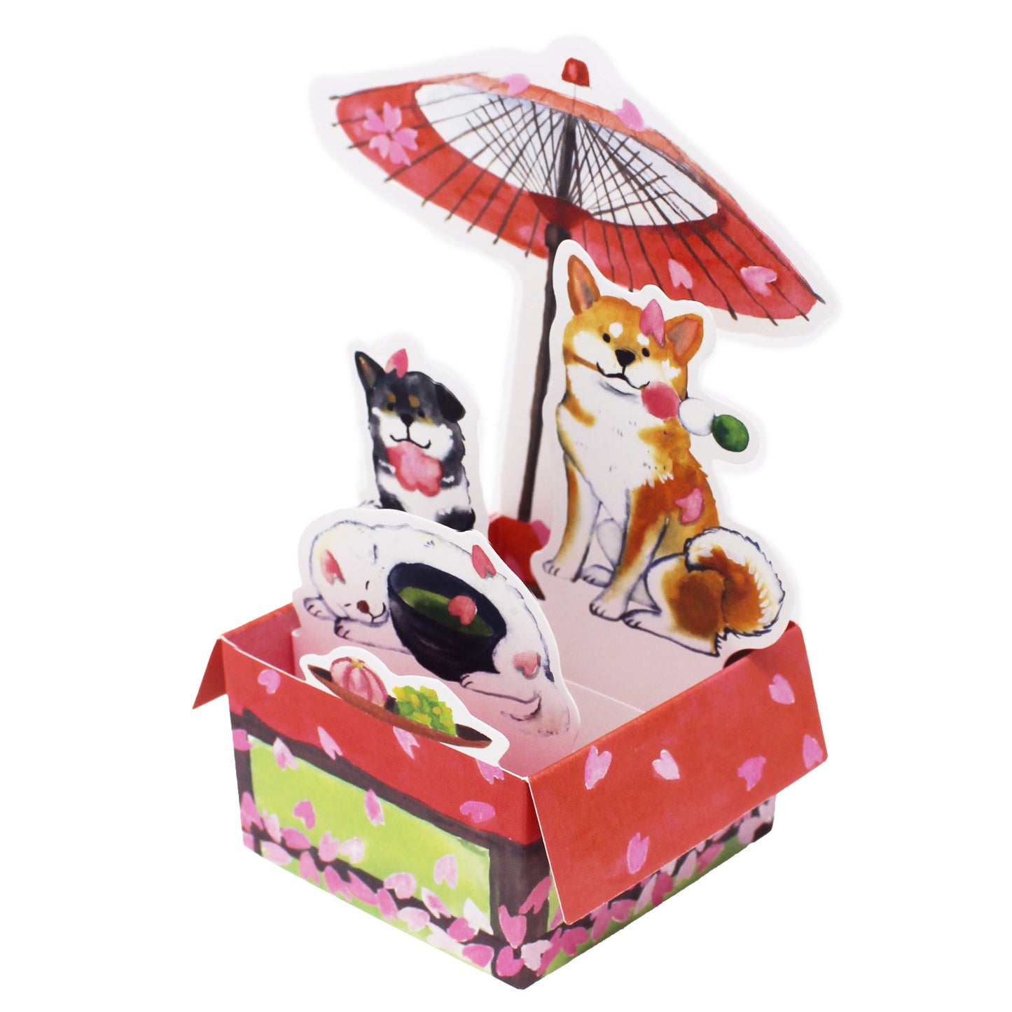 Japanese Tea House 3D Box Pop-Up Card – Shiba Inu Dogs, Mochi, Matcha Tea, Cherry Blossoms – Made in Japan, Mini Greeting Card - Miss Girlie Girl