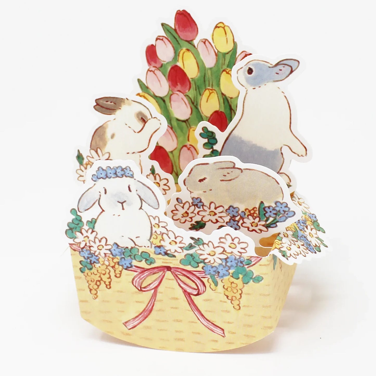 π° Rabbit Pop-Up Card β 3D Spring & Easter Wicker Basket with Tulips β Made in Japan - Miss Girlie Girl