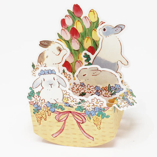 🐰 Rabbit Pop-Up Card – 3D Spring & Easter Wicker Basket with Tulips – Made in Japan - Miss Girlie Girl