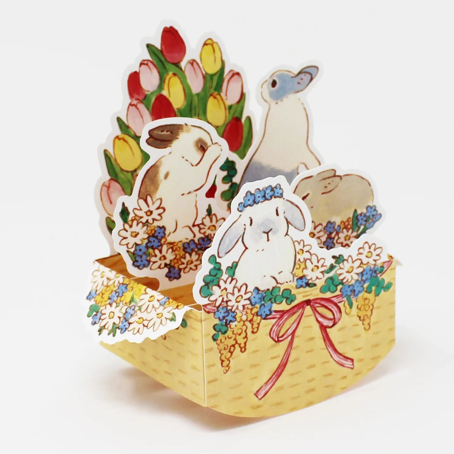 π° Rabbit Pop-Up Card β 3D Spring & Easter Wicker Basket with Tulips β Made in Japan - Miss Girlie Girl