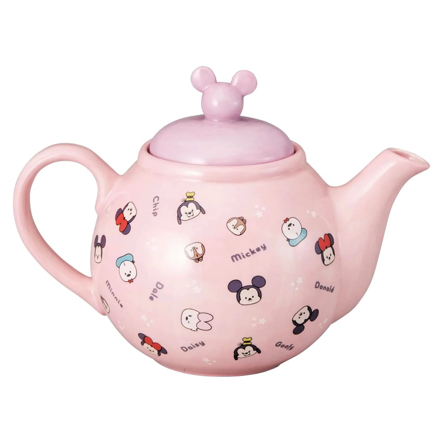 Side view of Mickey and Friends teapot showing Chip and Dale and Daisy Duck on the lid – kawaii Japanese kitchenware