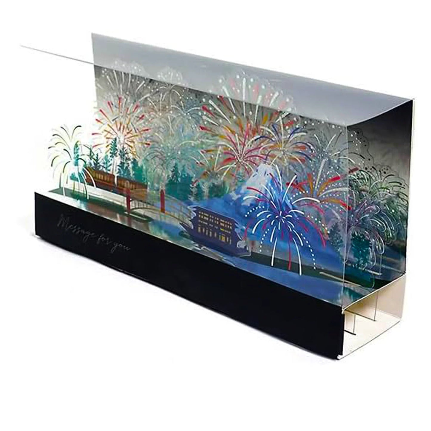 3D cubic fireworks display pop-up card with holographic foil – summer celebration greeting