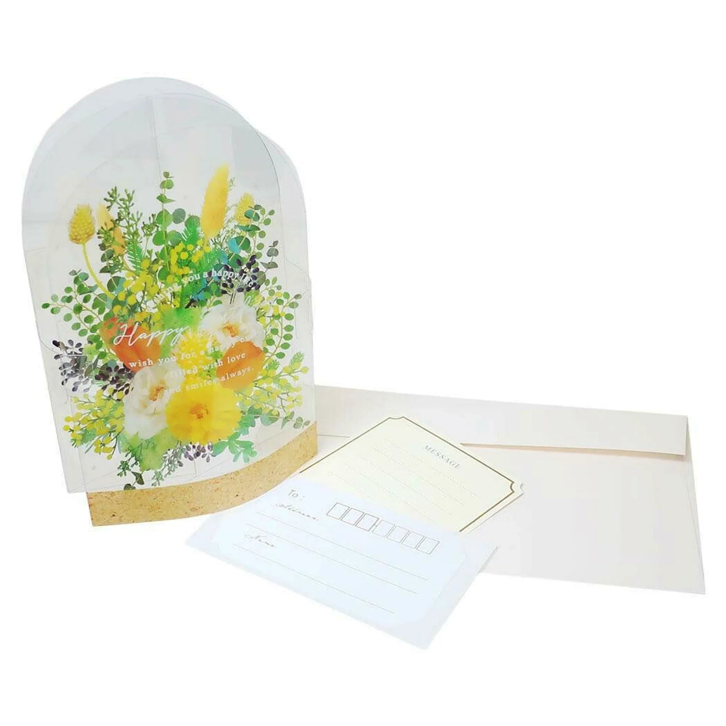 Floral Dome Pop-Up Card with Yellow Flowers – Transparent birthday card shaped like a glass bottle, includes mini message card and pearl cream envelope