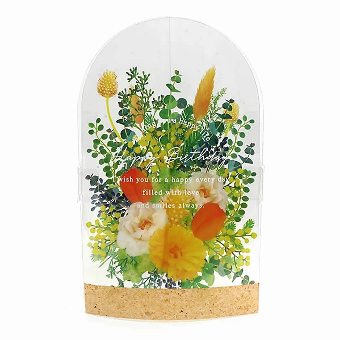 Floral Dome Pop-Up Card with Yellow Flowers – Transparent birthday card shaped like a glass bottle, includes mini message card and pearl cream envelope