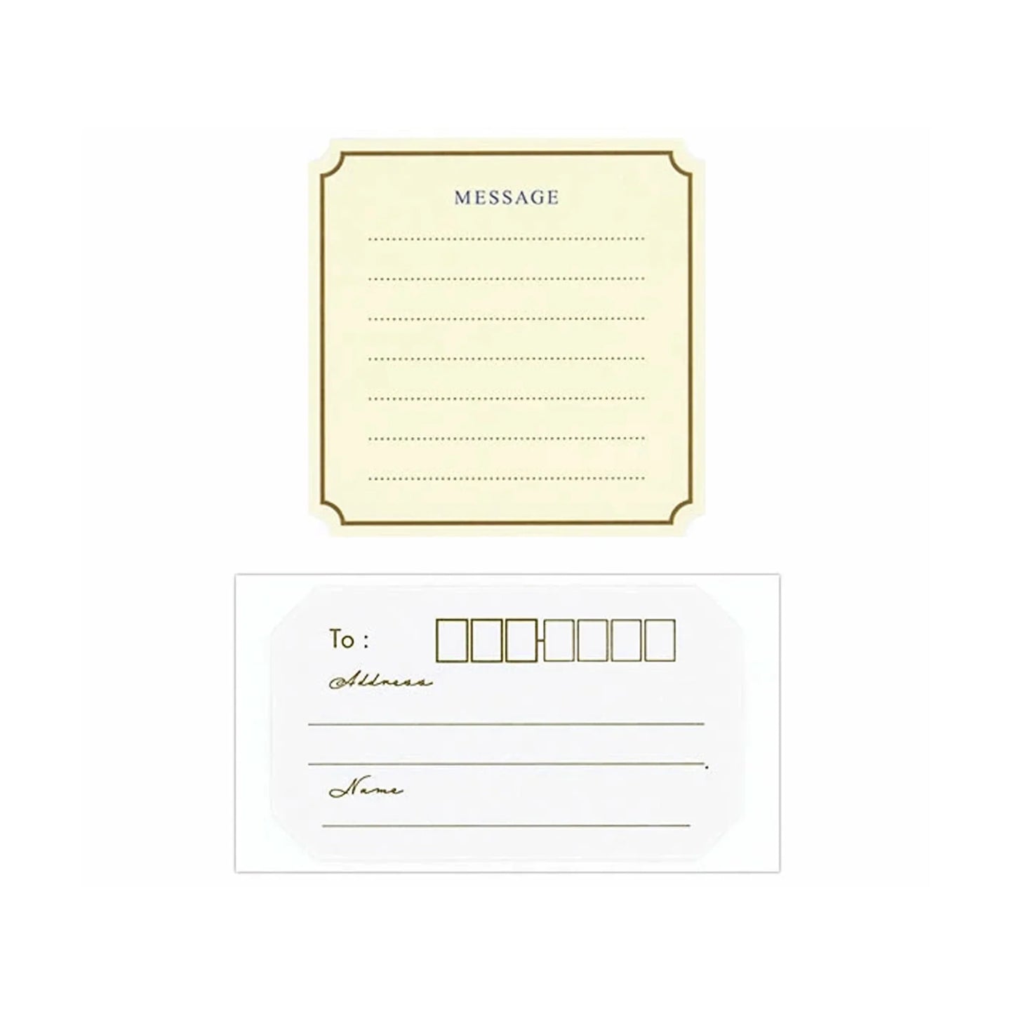 Set of address labels with a message card on a white background