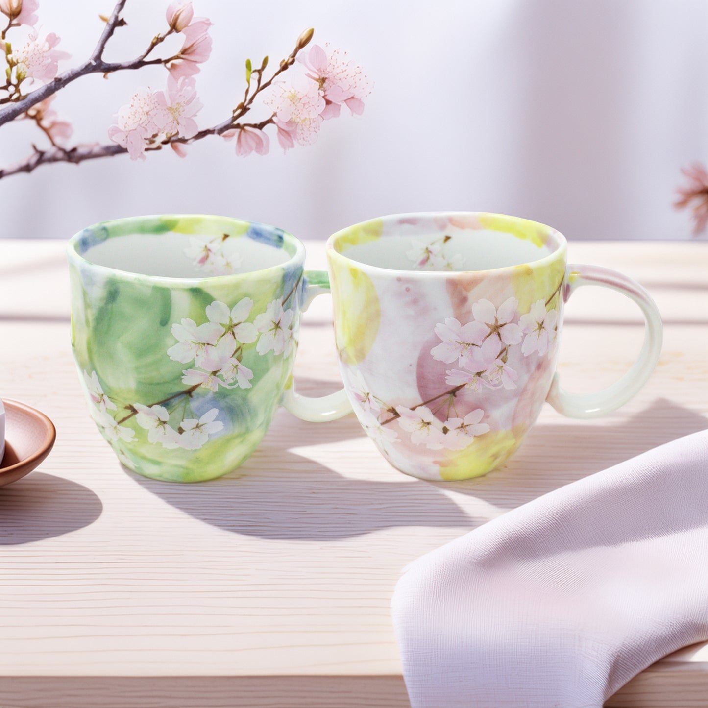 Cherry Blossom Mug - Mino Ware Japanese Ceramic Cup | Green Sakura Floral Design - Hanagasumi
