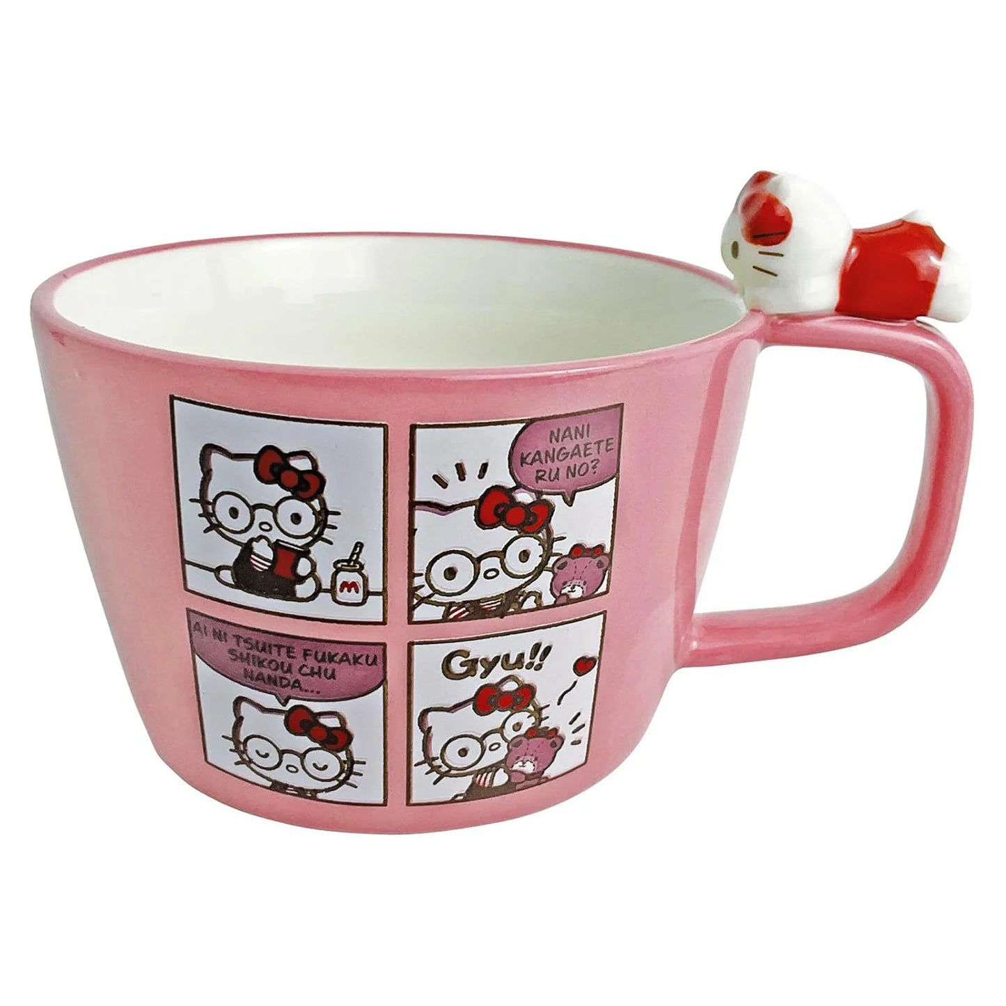 Hello Kitty pink porcelain soup cup with comic strip design and 3D Hello Kitty figure on handle