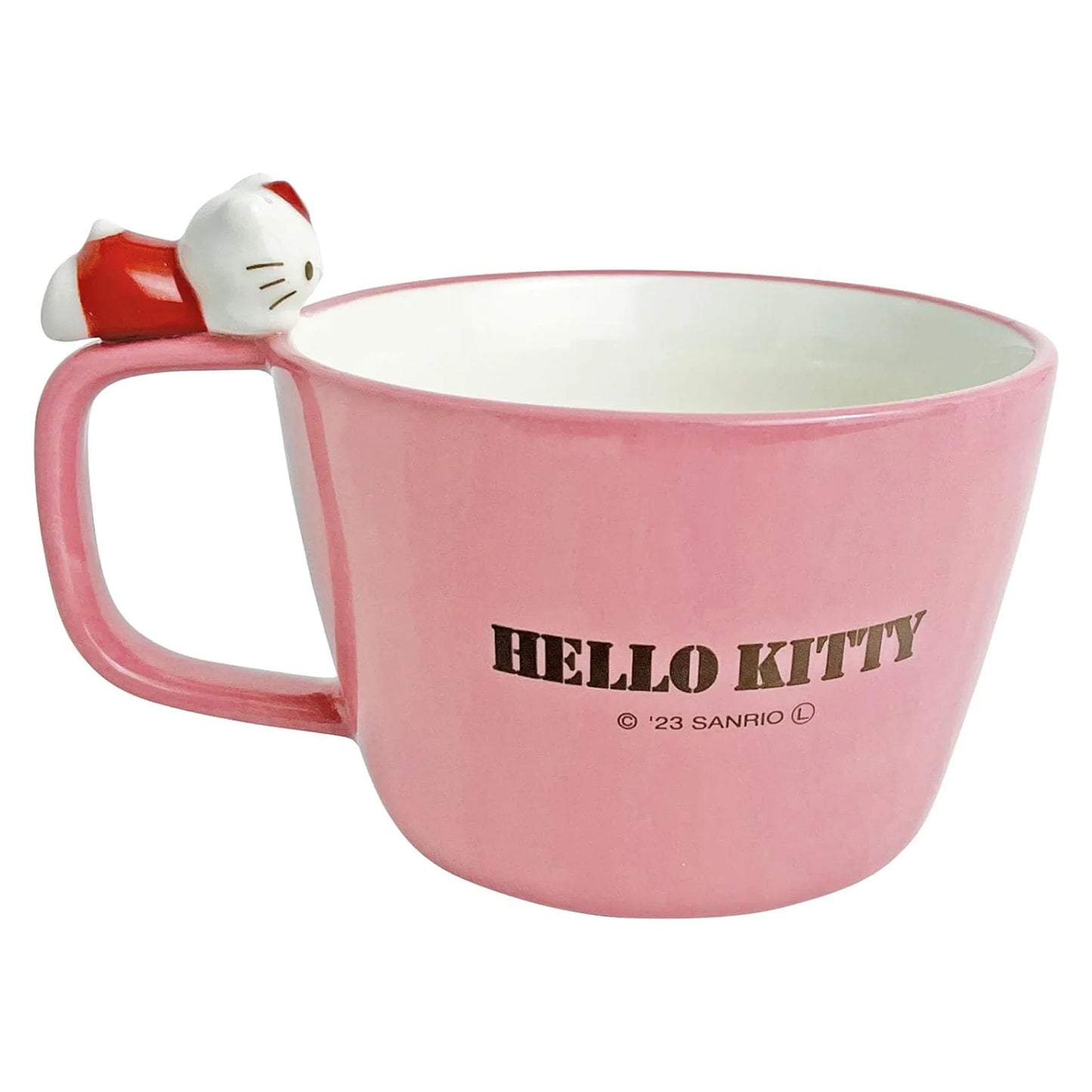 Back view of Hello Kitty soup cup with Hello Kitty logo and 3D handle figure