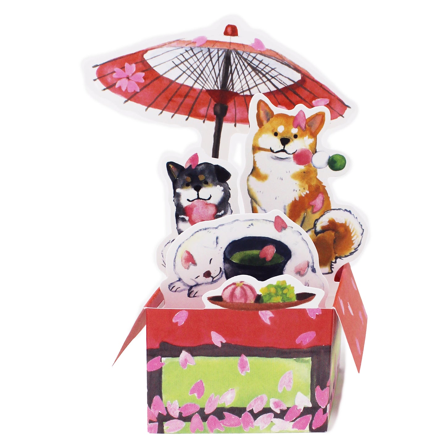 Japanese Tea House 3D Box Pop-Up Card – Shiba Inu Dogs, Mochi, Matcha Tea, Cherry Blossoms – Made in Japan, Mini Greeting Card - Miss Girlie Girl