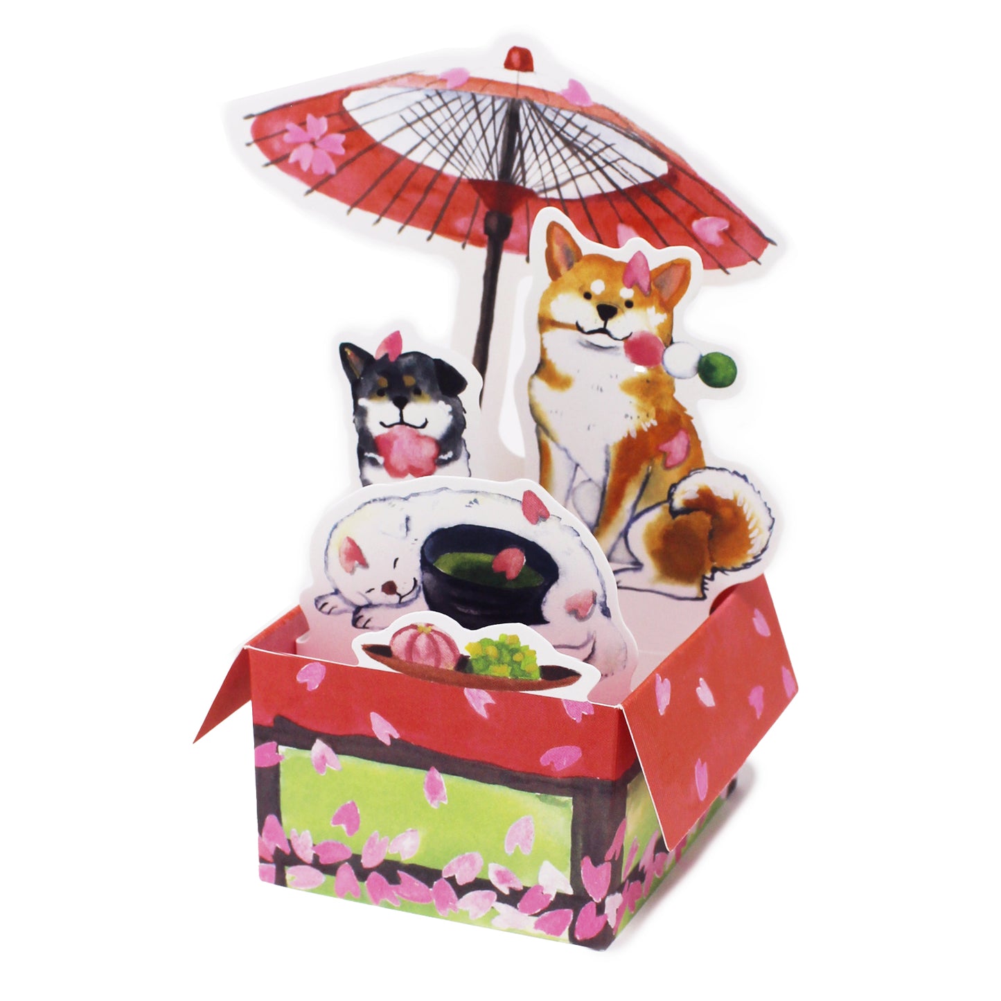 Japanese Tea House 3D Box Pop-Up Card – Shiba Inu Dogs, Mochi, Matcha Tea, Cherry Blossoms – Made in Japan, Mini Greeting Card - Miss Girlie Girl