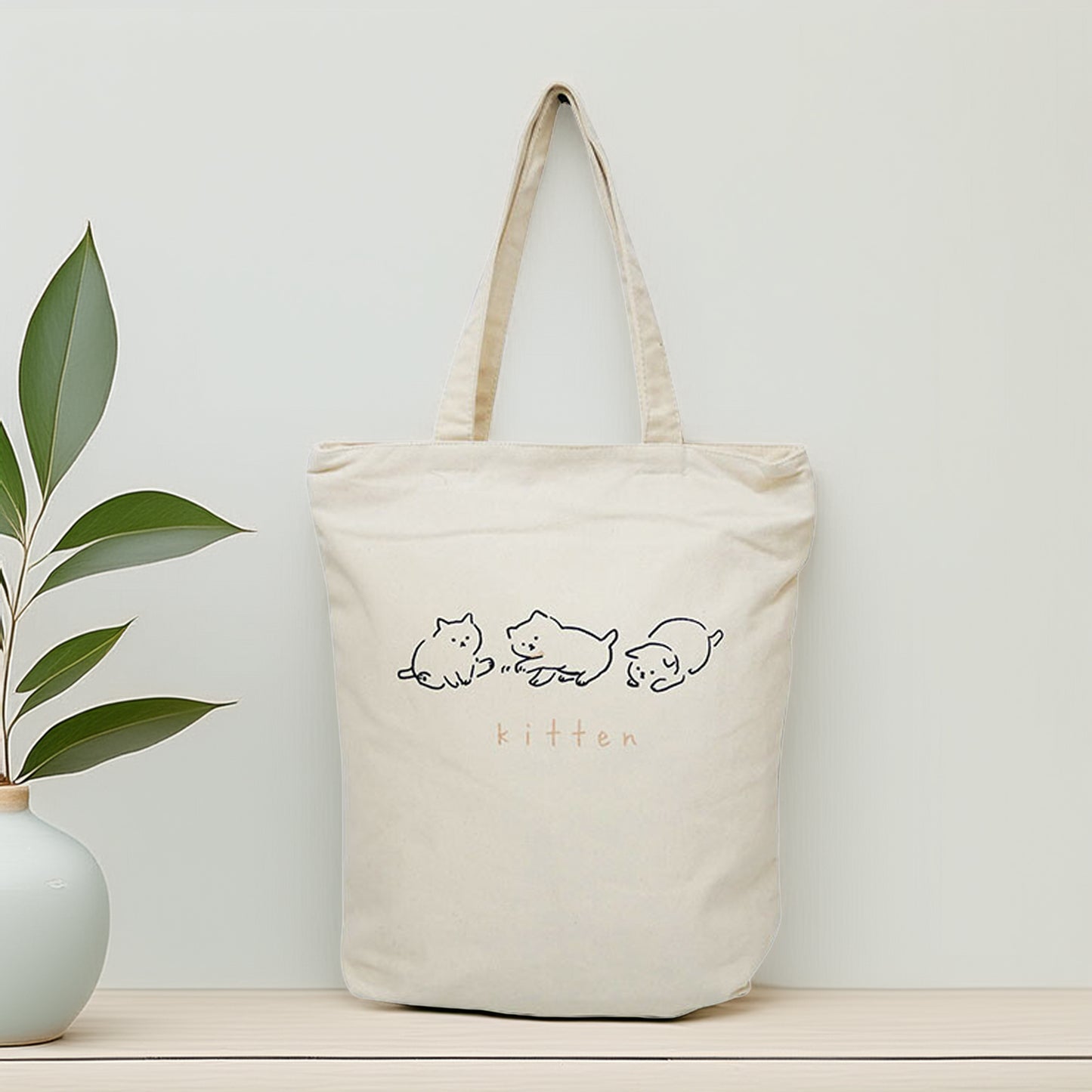 Kitten Tall Vertical Canvas Tote Bag (Natural Canvas) – Zip-Top + Inner Pocket by Julymoon