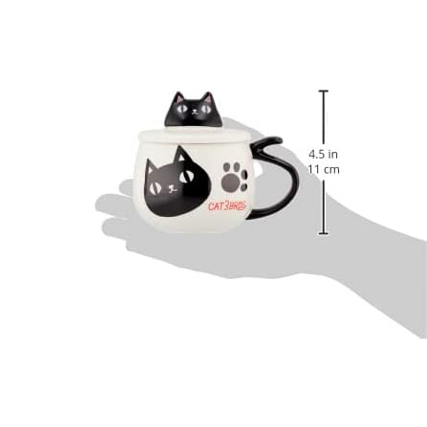 Kuro cat mug with lid shown in hand for scale, 4.5 inch height
