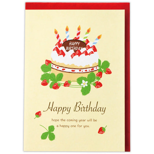 Birthday card with a cake illustration and 'Happy Birthday' text on a beige background with red envelope.