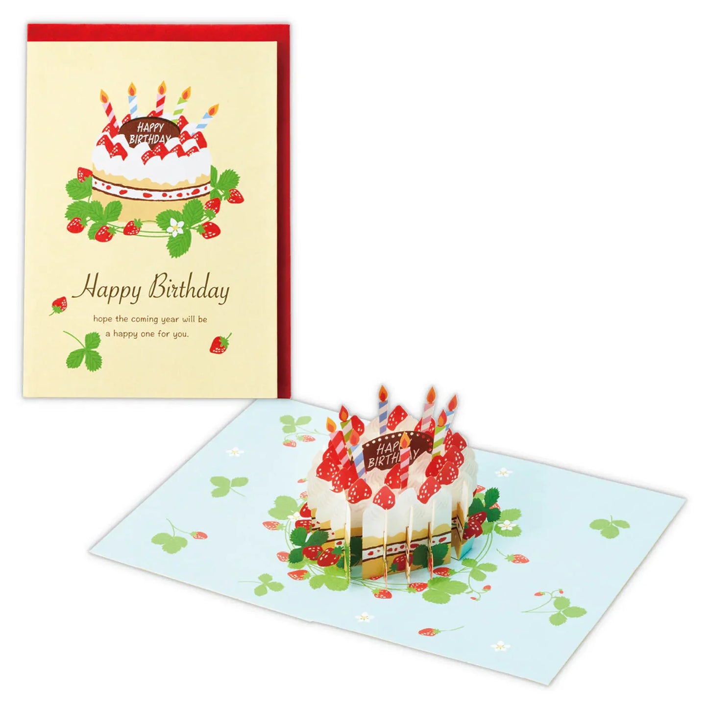 Birthday card with a pop-up cake design with red envelope.
