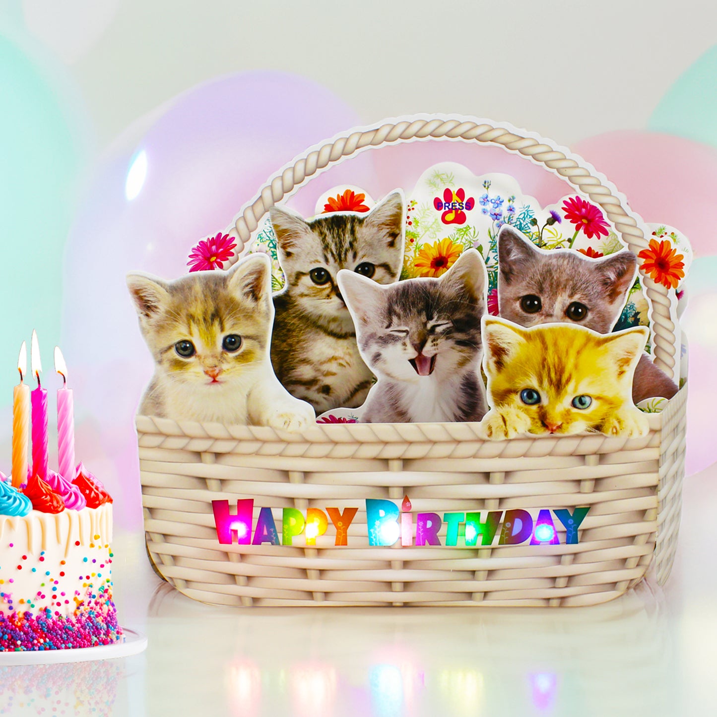 Kittens in Flower Basket Pop-Up Birthday Card with Lights & Dual Melodies (Meow & Violin)
