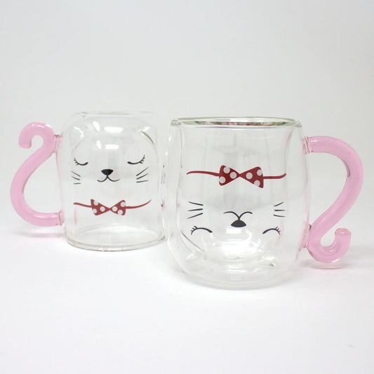 Double-wall glass cat mug with pink handle and red polka dot bow – Nyan-ya Series Japanese heat-resistant mug, perfect gift for cat lovers