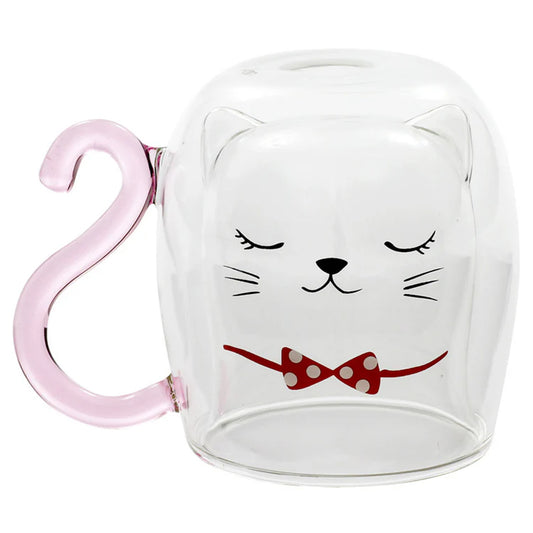 Double-wall glass cat mug with pink handle and red polka dot bow – Nyan-ya Series Japanese heat-resistant mug, perfect gift for cat lovers
