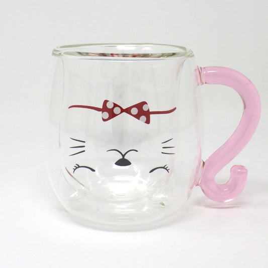 Double-wall glass cat mug with pink handle and red polka dot bow – Nyan-ya Series Japanese heat-resistant mug, perfect gift for cat lovers