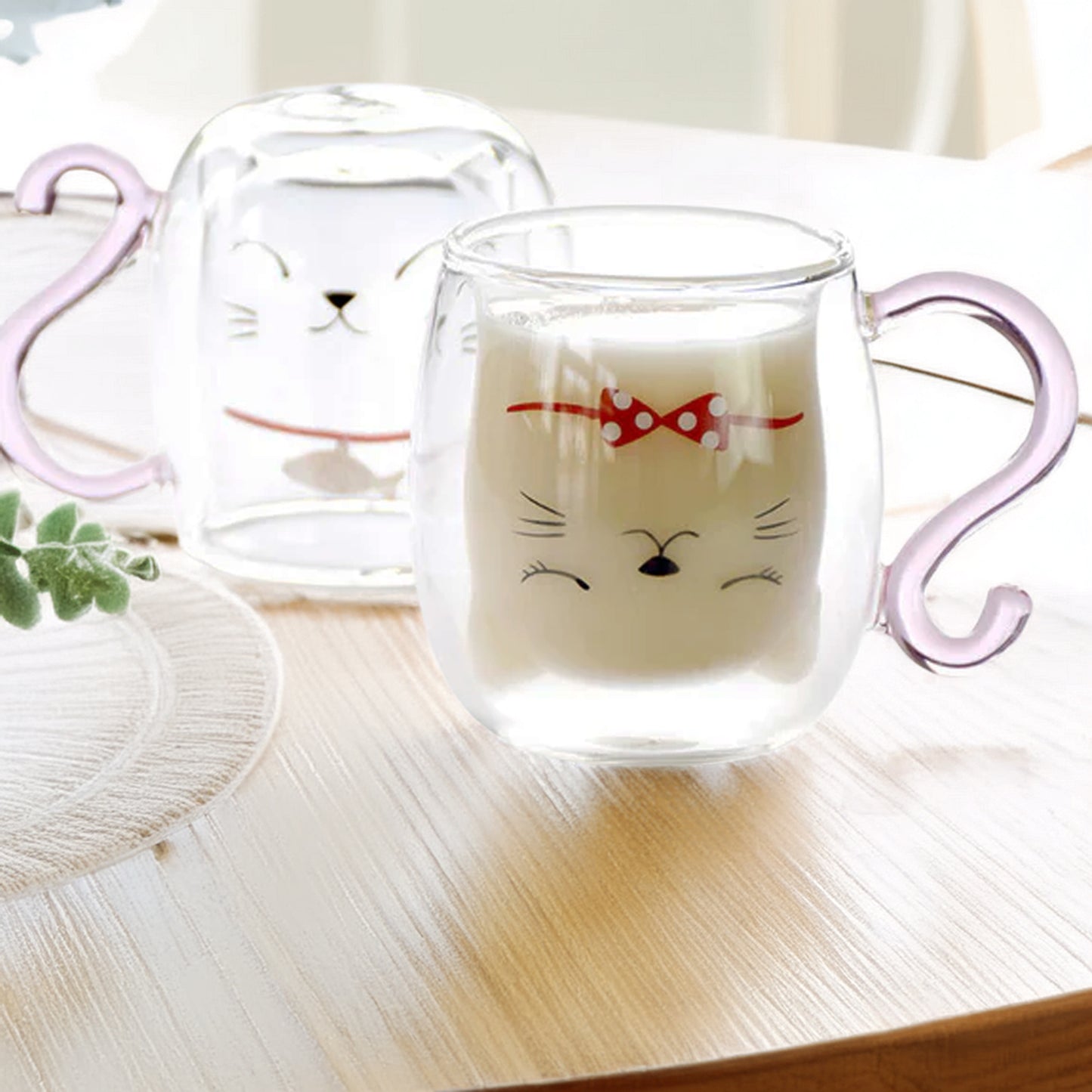 Double-wall glass cat mug with pink handle and red polka dot bow – Nyan-ya Series Japanese heat-resistant mug, perfect gift for cat lovers