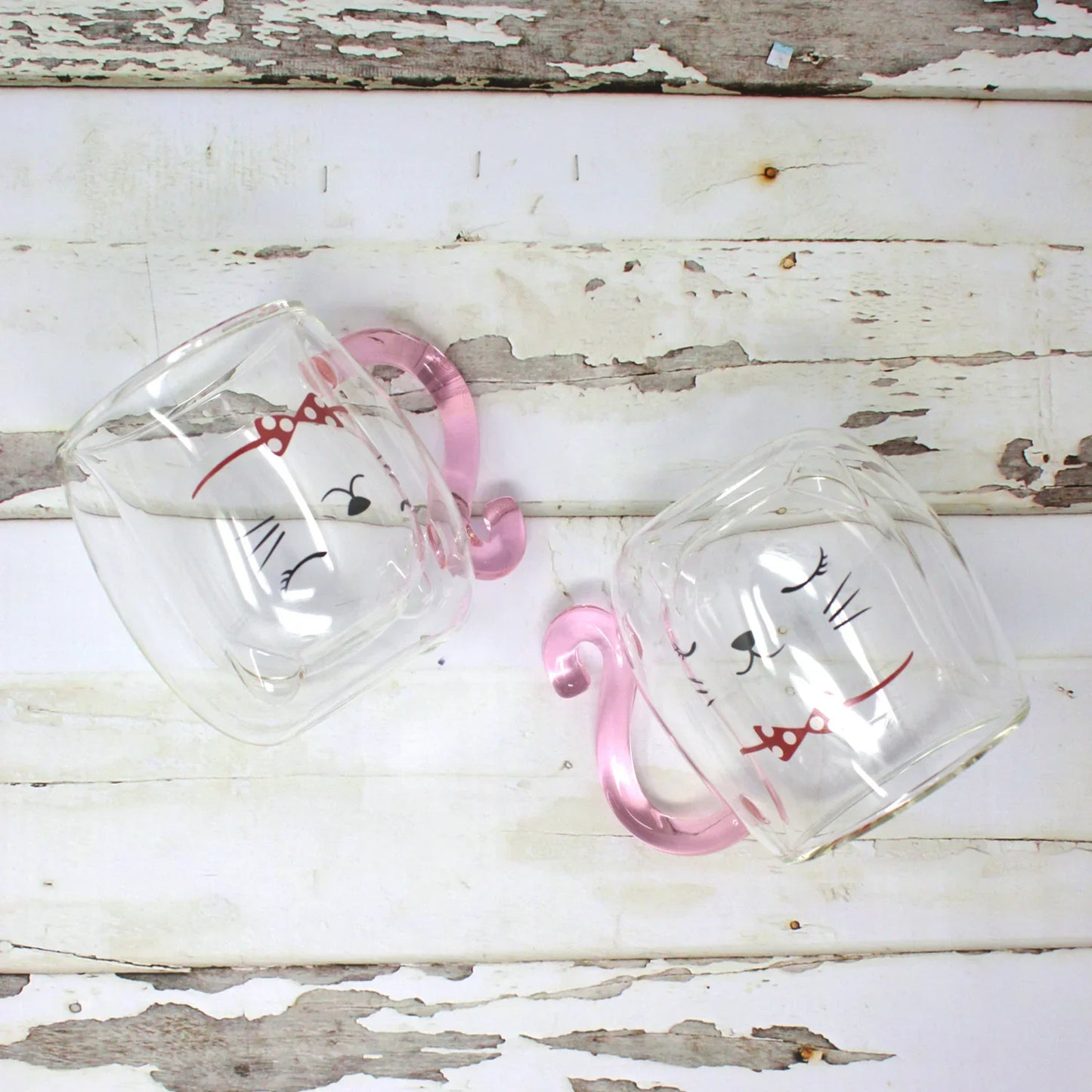 Double-wall glass cat mug with pink handle and red polka dot bow – Nyan-ya Series Japanese heat-resistant mug, perfect gift for cat lovers