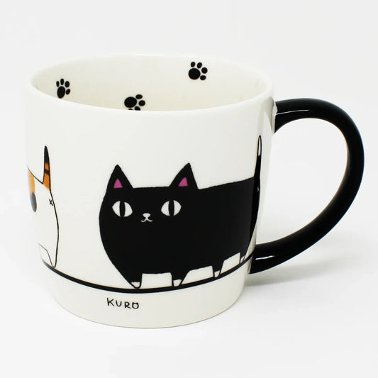 Three marching cats on a white porcelain mug – Nyan-ya 3 Cat Brothers design