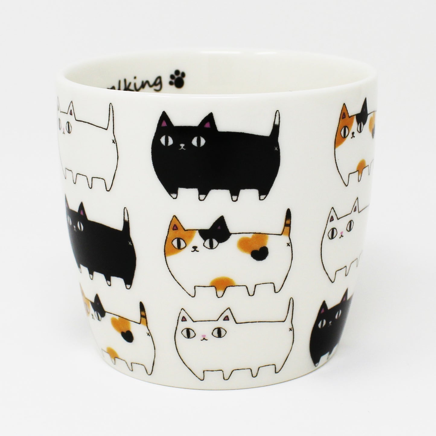 3 Cat Brothers Cat Parade Mug – White porcelain mug featuring Kuro, Shiro, and Mike marching around in a continuous pattern, with a black paw print inside and black handle – Nyan-ya Series from Japan