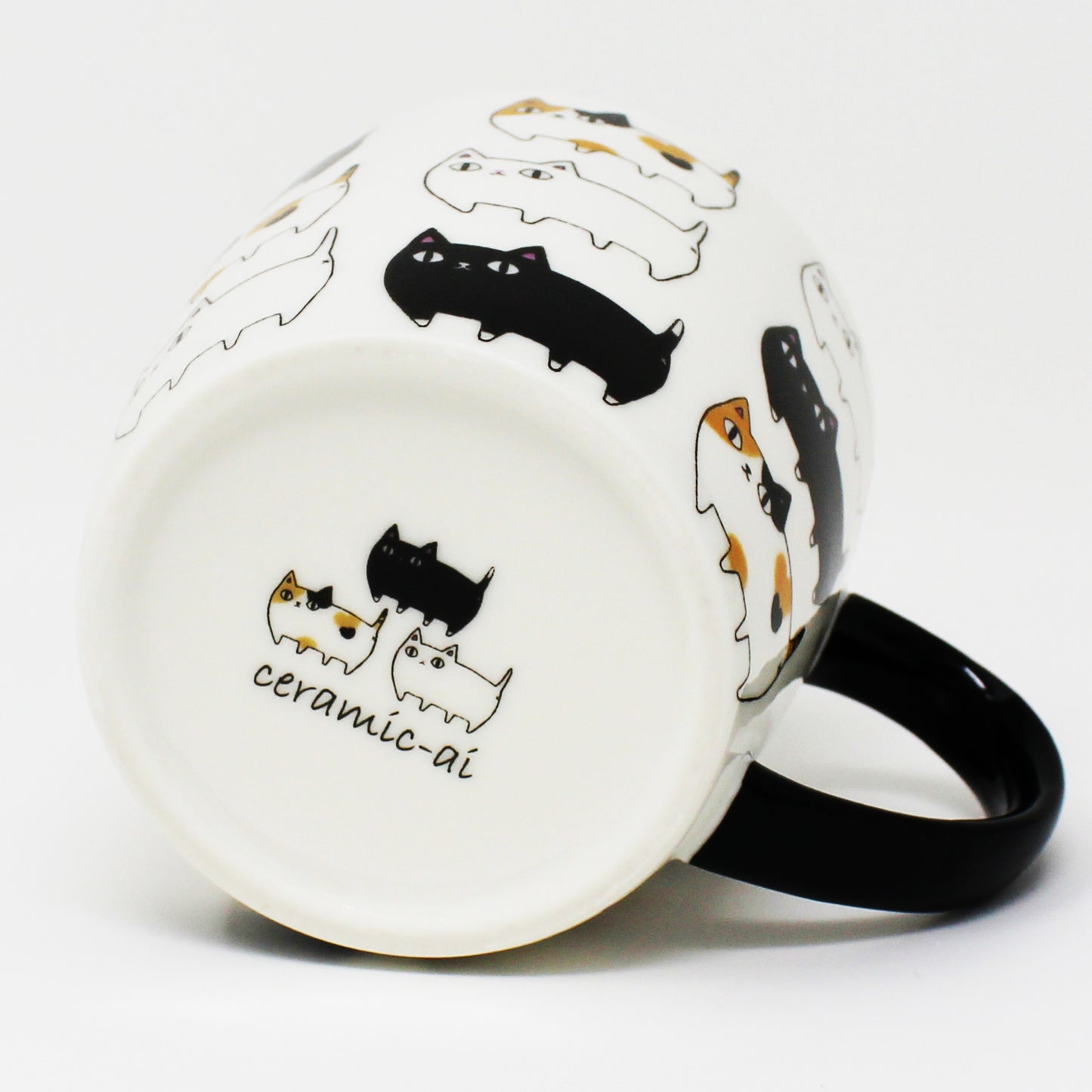 3 Cat Brothers Cat Parade Mug – White porcelain mug featuring Kuro, Shiro, and Mike marching around in a continuous pattern, with a black paw print inside and black handle – Nyan-ya Series from Japan