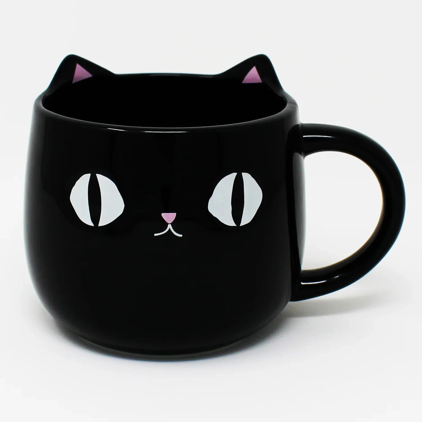 Front view of Kuro Black Cat Mug with 3D pink ears and black cat face – Nyan-ya Series from Japan