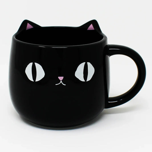 Front view of Kuro Black Cat Mug with 3D pink ears and black cat face – Nyan-ya Series from Japan