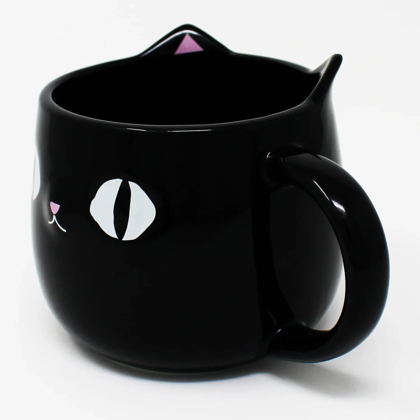 Front view of Kuro Black Cat Mug with 3D pink ears and black cat face – Nyan-ya Series from Japan